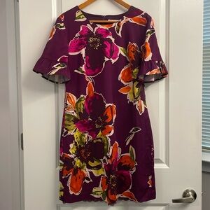 Trina Turk Purple floral sheath dress with gorgeous sleeves, size 12